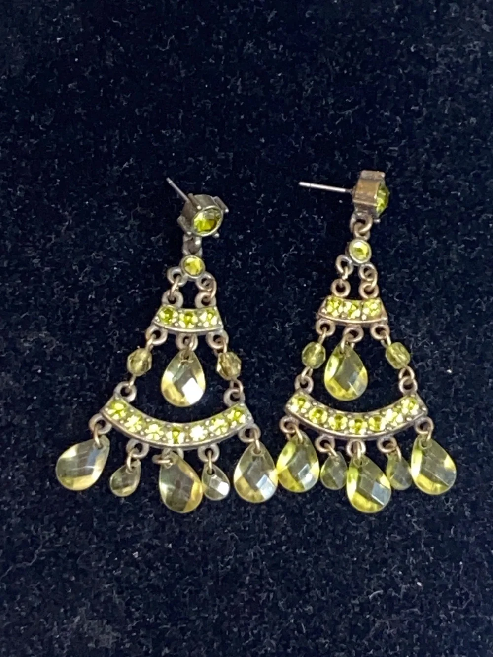 Vintage Yellow Green Teardrop Chandelier Earrings with Crystal Accents